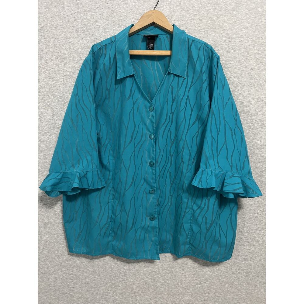 Maggie Barnes Blouse Womens 3X 26/28W Turquoise Sheer Button Ruffle Sleeve Plus